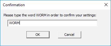 At the Confirmation screen, type WORM (in all capital letters) and click OK. NOTE: After confirming, the whole volume is ready for monitoring and controlling file system access using RansomBlock.