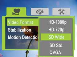 NS-DV080P 080p HD Digital Camcorder Setting the video format To set the video format: Press or to highlight the Movie tab, then press to highlight Video Format. 3 Press SET or.