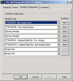 Click the Module Configuration tab to view the Flex I/O modules From the Module Configuration tab each module can be