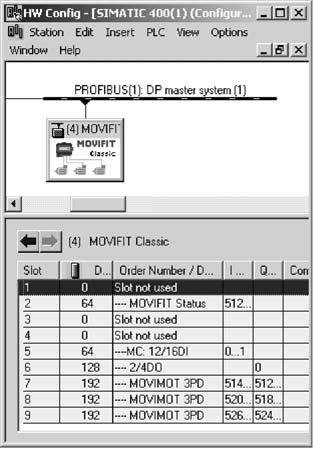 PROFIBUS Configuring MOVIFIT -Classic 4 The following figure shows the MOVIFIT -MC configuration example in STEP7: 11338AXX 4.2.