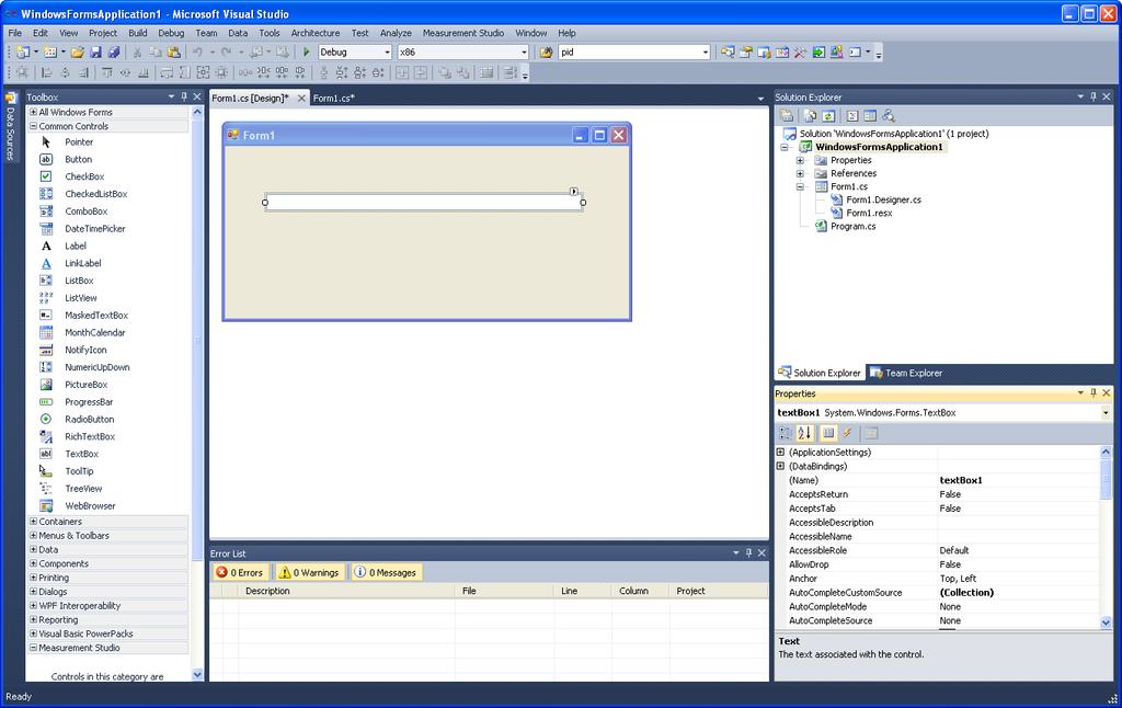 18 Windows Programming The Visual Studio IDE looks like this: In this project, we use a simple TextBox (textbox1) and when we start the program the text Hello World is written to the TextBox.