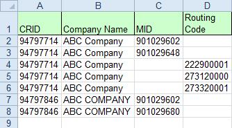 Exportable Entity List When performing a one-time query, you can export a list of the selectable entities (Customer Registration IDs [CRIDs], Mailer IDs [MIDs], and routing codes).