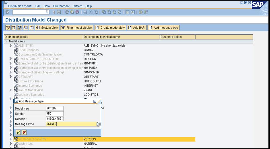 So Click on Add Message Type and give sender as R/3 system and receiver as BW system and message type as