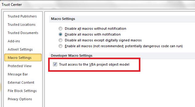 12 - Excel Trust Center Macro Settings dialog You have to check Trust access to the VBA project object model last checkbox on Macro Settings tab.