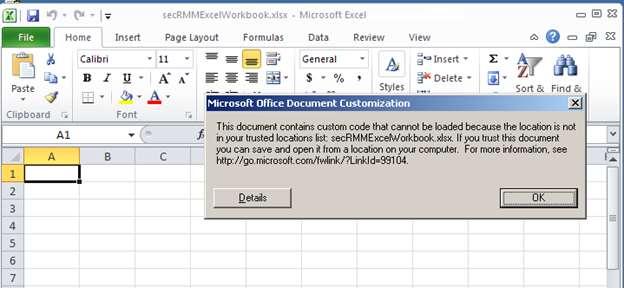 28 - Missing entry in the Excel Trust locations If you receive the message above, you have not added the path where the Excel file