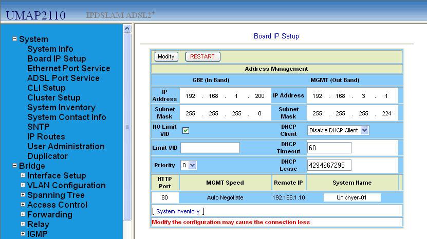 4.2. Administer Board IP In the subsequent screen, select System > Board IP Setup to display the Board IP Setup screen.