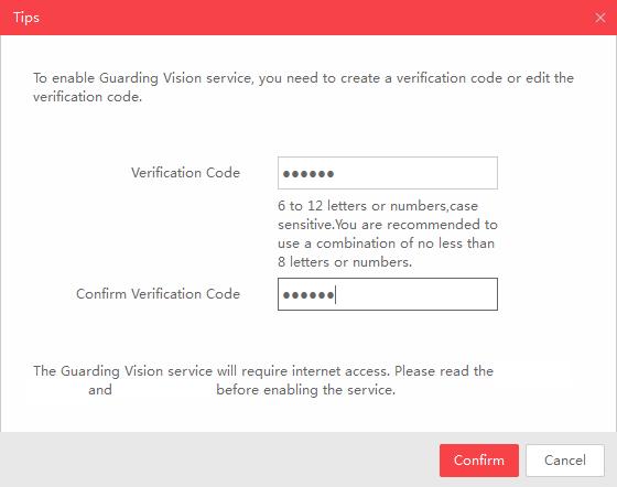 Service Privacy Policy Note: Figure 5-1 Verification Code Setting (SADP) The verification code is required when you add the camera to Guarding Vision app. 3.
