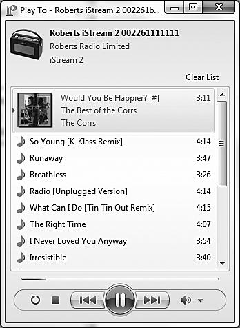6. Windows will then open a 'Play to' window showing the track or tracks to be played. Your computer will then take control of your radio.