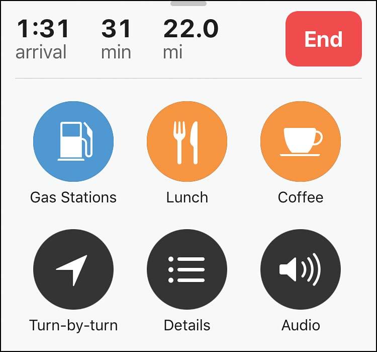 Finding Your Way with Maps 39 12 Tap the kind of service you need, such as Coffee (other options can include Gas Stations, Lunch, Breakfast, Dinner, or Restaurants depending on your location and time