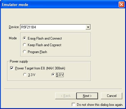 (2) The [Emulator mode] dialog box will appear. Figure 6.11 [Emulator Setting] Dialog Box In the [Device] menu, the name of the device mounted on the user system should be specified.