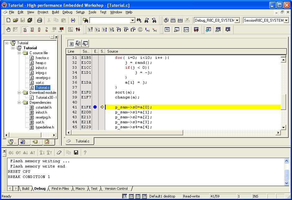 Break Occurrence (1) When a break condition is satisfied, the source window shows the program stop position. Figure 6.
