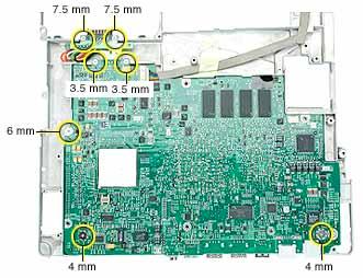 8. Turn over the frame, and remove the following: Two7.5 mm long screws at battery transfer board Two 3.5 mm long logic board screws One 6 mm long logic board screw Two 4 mm long logic board screws 9.