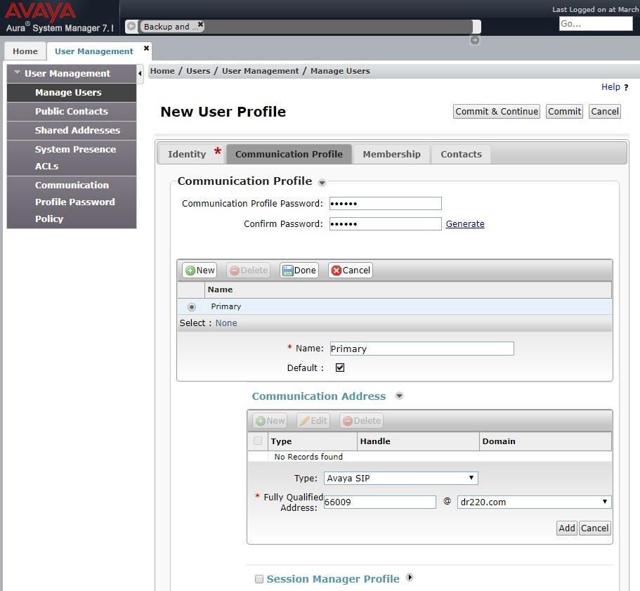 6.2.2. Communication Profile Select the Communication Profile tab. For Communication Profile Password and Confirm Password, enter the desired password for the SIP user to use for registration.