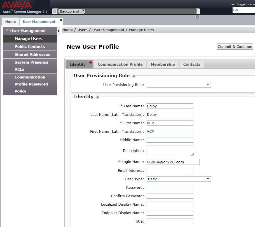 6.2.1. Identity The New User Profile screen is displayed. In the Identity sub-section, enter desired Last Name and First Name.