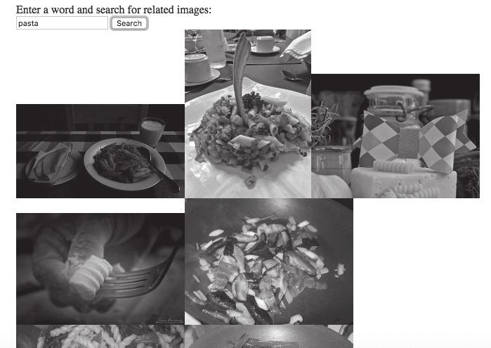 http requests and routing 101 FIGURE 4.1 A partial list of images showing pasta. Take a minute or two to absorb the compact manner in which jquery achieves the desired result. Figure 4.