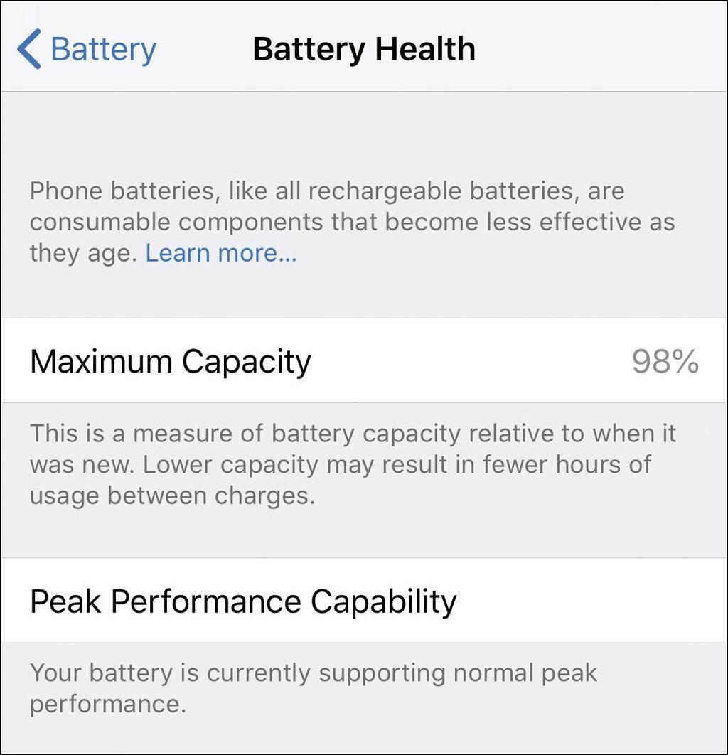 Maintaining an iphone s Power 25 5 Review the maximum capacity percentage in the Maximum Capacity section. This percentage indicates the capacity of the battery relative to when it was new.