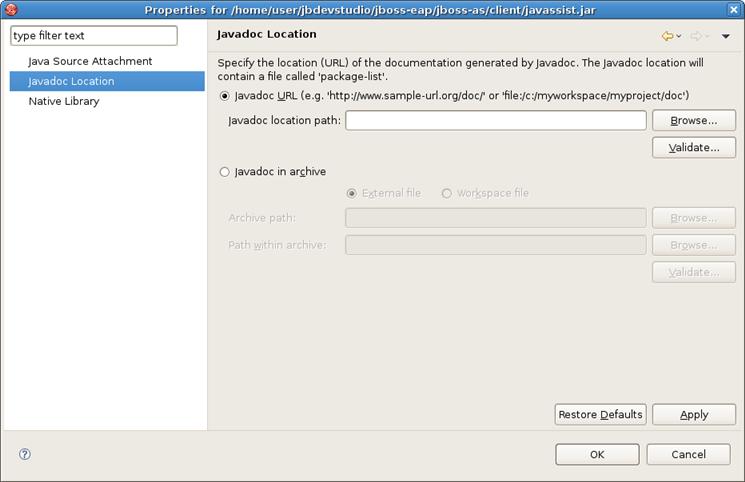 Default Server and Runtime Figure 4.4. Classpath Container: Javadoc Location Click on Apply and then on Ok. 4.2.