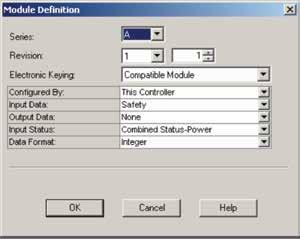 Configure the Controller and Add I/O Modules cont. 13. When the Module Definition dialog box opens, change the Output Data to None and verify the Input Status is Combined Status-Power, and click OK.