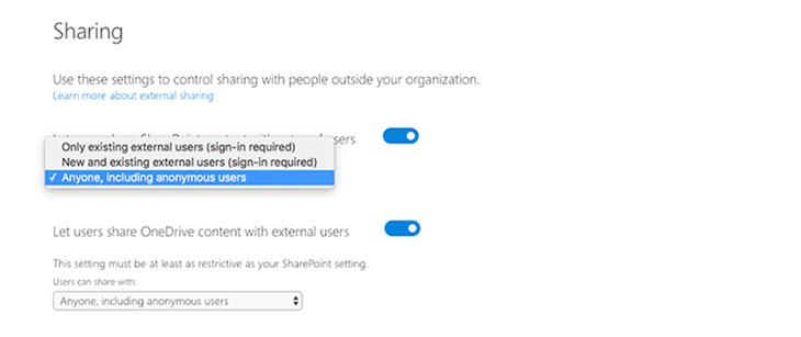 2. The options in the OneDrive external sharing settings are the same as SharePoint, but the UI is a