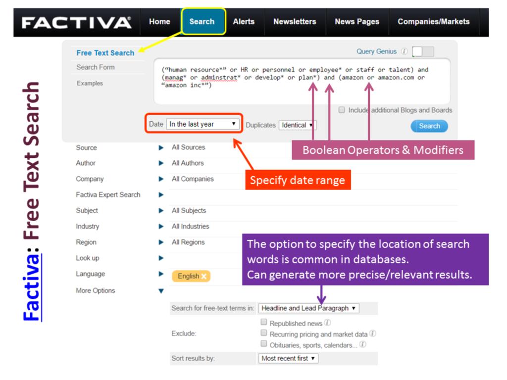 The search interfaces of databases may vary, but the same basic search conventions apply. Here s the free-text search screen in the database Factiva.
