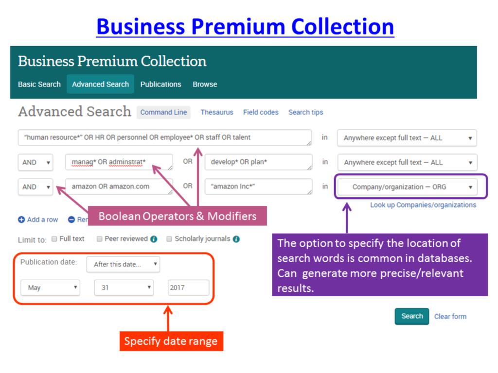 Here s the Advanced Search screen in the database Business Premium Collection. It has a more guided approach to searching by offering drop-down menus for Boolean operators.