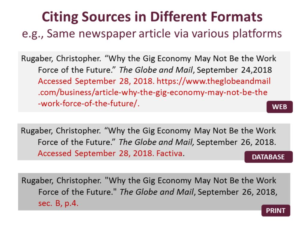 Also, when it comes to citing a source, you need to cite the format consulted. If you used the print version of an article, that is the format that should be cited.