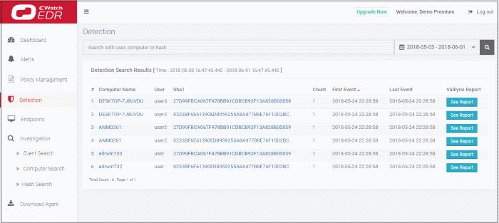 8 View Event Details on Endpoints The 'Detection' screen provides an 'at-a-glance' summary of malicious events on your endpoints. The table shows detailed information about each malware incident.