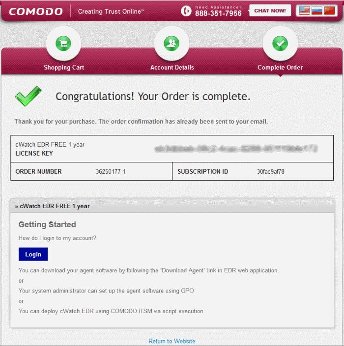 You will also receive a confirmation message to your email address. A new Comodo account (CAM) will be created for you at https://accounts.comodo.com/.
