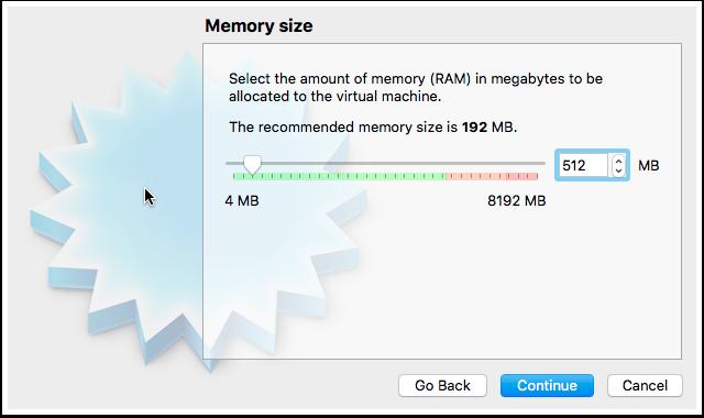 3.2 VM Configuration - Memory Set 512MB (1GB) virtual memory. This acts as the system RAM for the OS installed on the VM.