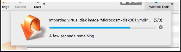 18.8 Importing a VM archive - 3 Let the import run. 18.9 Importing a VM archive - 4 The new VM is now listed in the VirtualBox app list of VMs and is ready for use.
