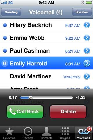 Checking voicemail When you tap Phone, iphone shows the number of missed calls and unheard voicemail messages. Tap Voicemail to see a list of your messages.