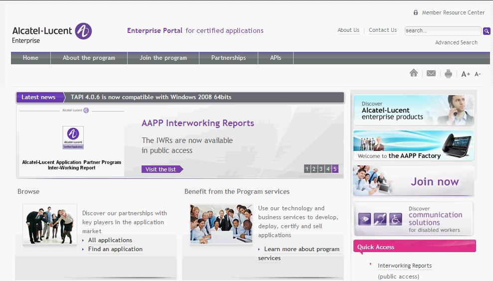Web site The Application Partner Portal is a website dedicated to the AAPP program and where the InterWorking Reports can be consulted. Its access is free at https://www.al-enterprise.