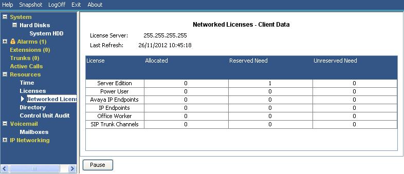 7.3 Networked Licenses For a system in a Server Edition multi-site network, this screen lists the licenses granted to the system from the network's primary server.