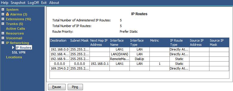 9. IP Networking These menus show the status of networking services (IP routes 124, tunnels 126 and VPN services 127 ).
