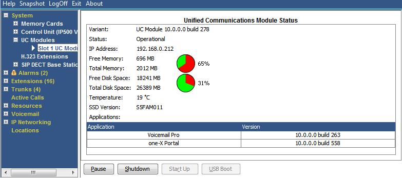 2.11 UC Modules This menu displays a list of Unified Communications Modules installed in the system. Buttons Select Show details for the currently selected item. 2.11.1 Unified Communications Module Status This menu displays details of the selected Unified Communications Module and its current status.