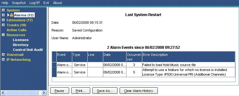3.1.1 Alarm History System Status displays this screen when the Alarm History button is pressed. Buttons The following buttons can appear on this screen: Pause Stops the screen from updating.