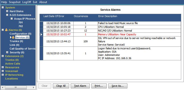 3.3 Service Alarms The Service Alarm screen shows service error. System Status displays current alarms in red and updates the alarms in real time.