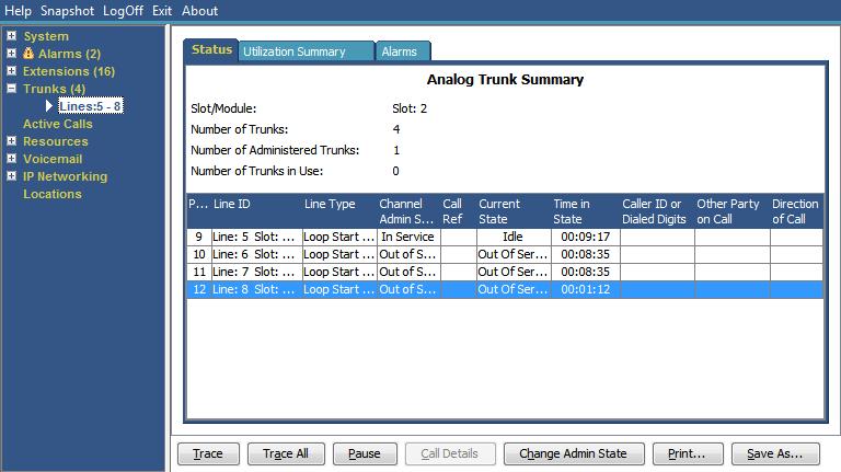 Trunks: 5.1 Status (Analog Trunk) Access this menu by clicking Trunks on the navigation panel. Alternatively, click System and then Control Unit and double-click the line.