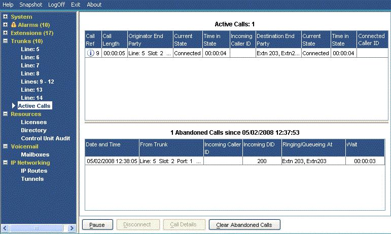 Active Calls: 6.1 Abandoned Calls Clicking the Abandoned Calls button whilst viewing the Active Calls 96 screen, splits the screen to include a list of abandoned calls below the list of active calls.