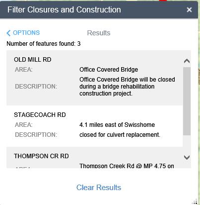 Filter Road Closures and Construction Note: This feature is only available in the Road Closures and Construction mapping application.
