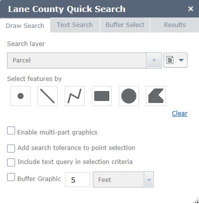 Figure 2 Lane County Quick Search As shown below, Lane County Quick Search allows searching by shape, attributes and spatial buffers.