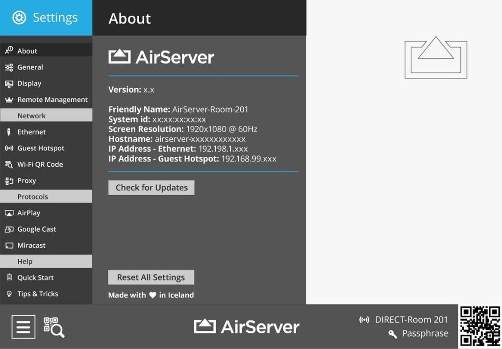 Detailed Settings This section guides you through the settings menu of the AirServer Connect. If you have trouble getting into the settings menu see The Home Screen and Navigating Menus sections.