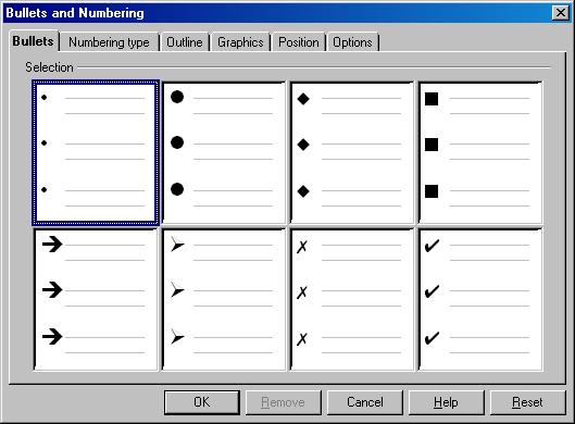 Fig 2.7b Bullets and Numbering dialog box with the Bullets tab selected. Using the various options available for bullets and numbers the user can select the desired one. Learn by solving 1.