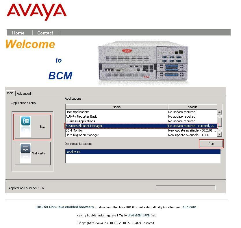 b) The Welcome to BCM page is displayed. Click on the BCM applications/ web links, select Business Element Manager, and then click Run as highlighted in red box as shown in Figure 3.