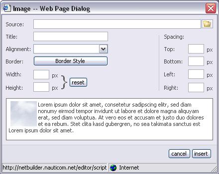 IMAGE To place an image into your page, position the cursor where you would like the image to be. Click on the Image button on the toolbar. A dialog window will appear with image options.