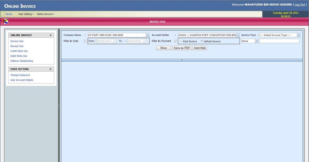 3.3 Invoice Page: The given below screen shows the full view of parameter and menu window.
