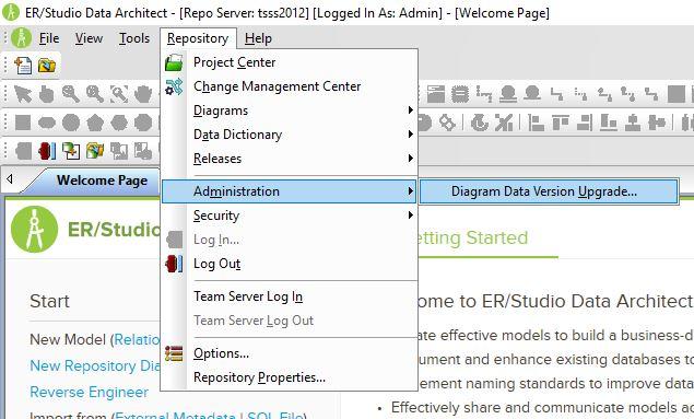 32) Go to Repository > Administration > Diagram Data Version Upgrade to upgrade your