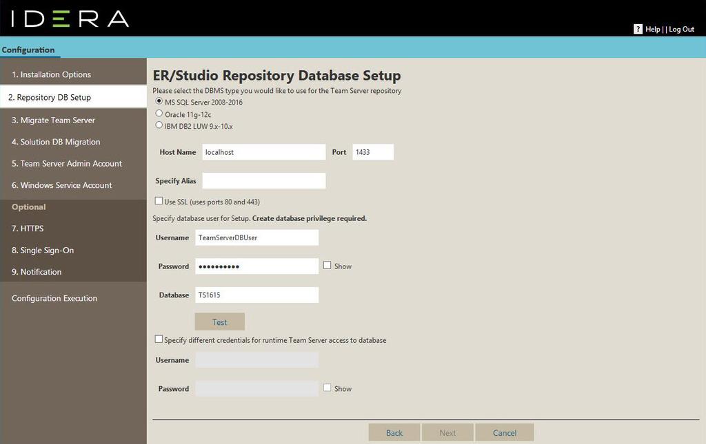 9) On the Repository Database Setup page, select or type: database platform host name and port where your current Repository resides (SQL Server only) alias Note: If SQL Server is the platform and a