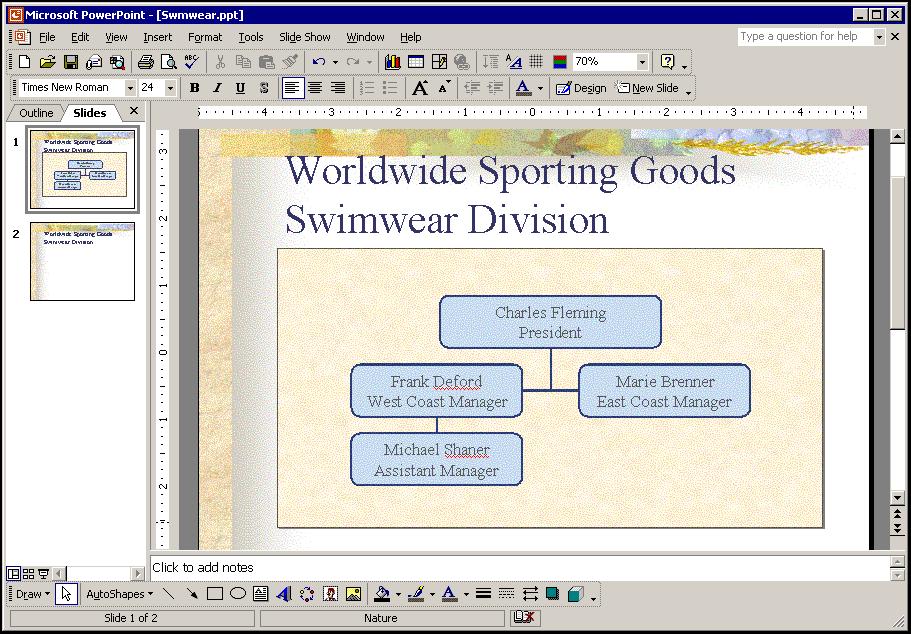 PowerPoint 2002 Level 2 Lesson 10 - Using Organization Charts/Diagrams 15. Display slide 2 and insert a Venn diagram. 16.