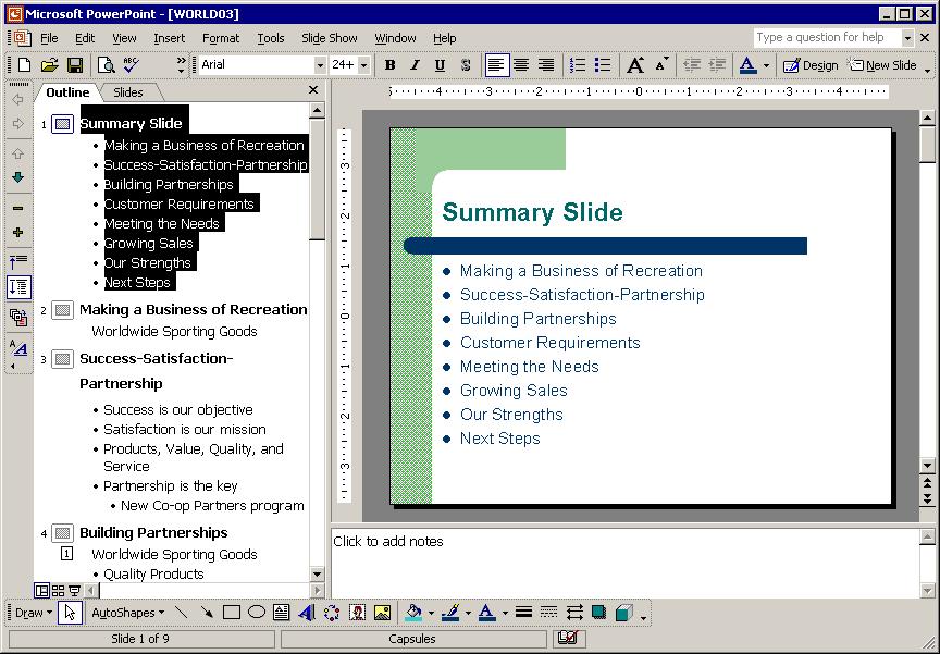 PowerPoint 2002 Level 2 Lesson 1 - Using the Outline Tab CREATING A SUMMARY SLIDE Discussion You can easily create a summary slide in the presentation outline.